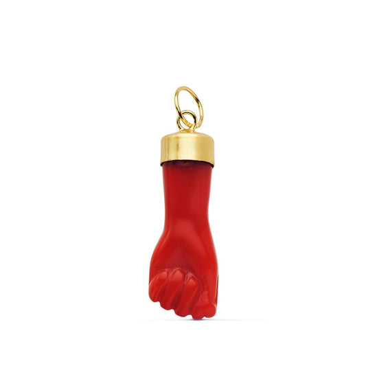 18K Yellow Gold Red Higa Hand Pendant — 19 × 8 mm