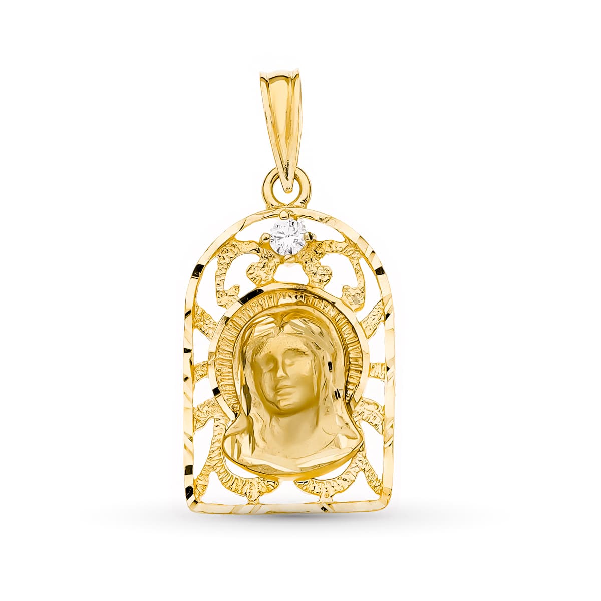 18K Yellow Gold Young Virgin Mary Medallion — 21 × 13 mm