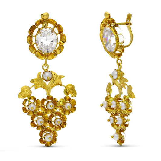 18K Yellow Gold Mantilla Earrings with Cubic Zirconia & Pearl — 50 × 22 mm