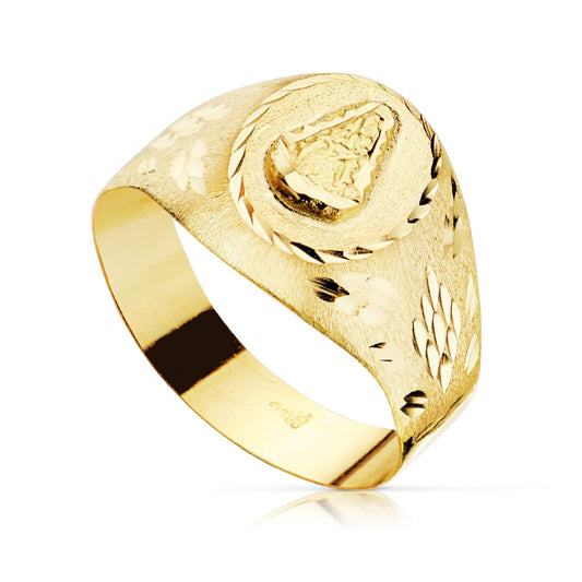 18K Yellow Gold Hollow El Rocío Virgin Signet Ring — 10 × 9 mm
