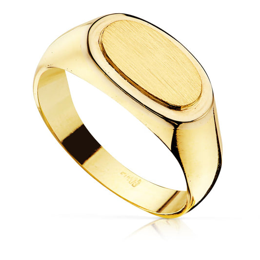 18K Yellow Gold Solid Oval Men's Signet Ring — 12 × 6 mm Engraving Area