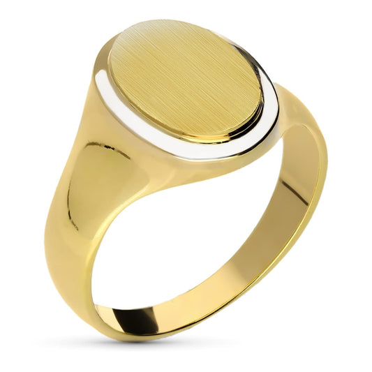 18K Two-Tone Gold Solid Oval Men's Signet Ring — 15.5 × 12 mm Engraving Area