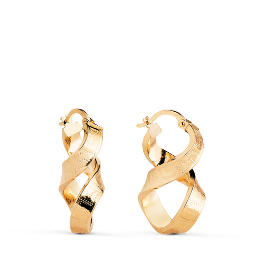 18K Yellow Gold Hollow Patterned Hoop Earrings — 26 × 16 mm
