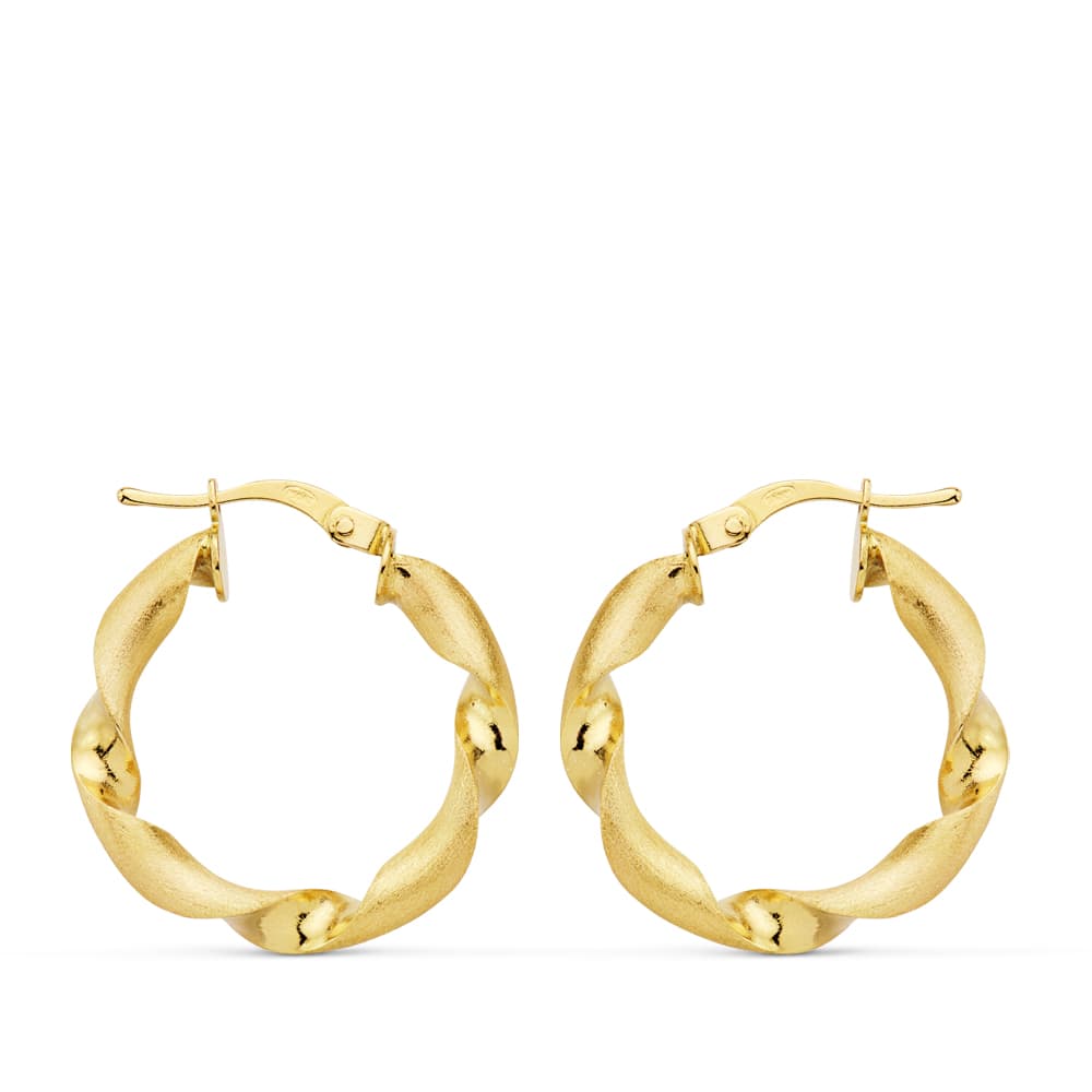 18K Yellow Gold Hollow Matte & Polished Hoop Earrings — 22 mm