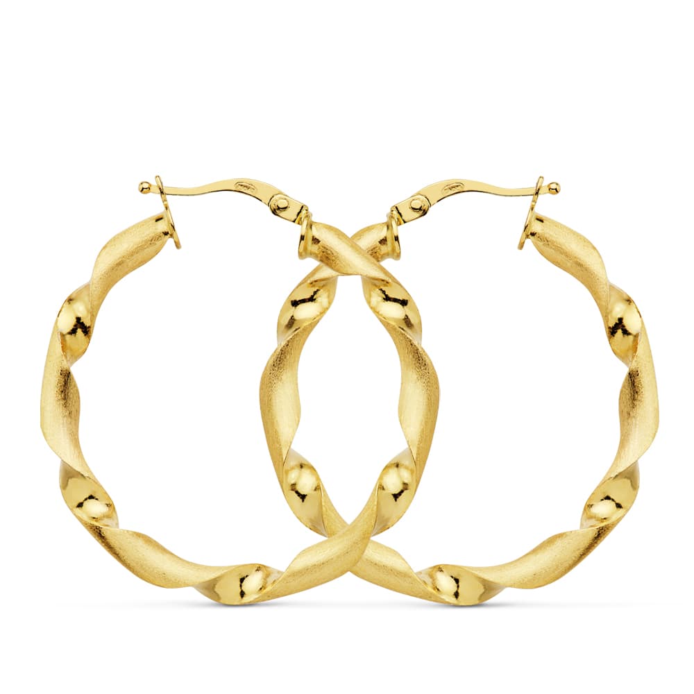 18K Yellow Gold Hollow Matte & Polished Hoop Earrings — 31 mm
