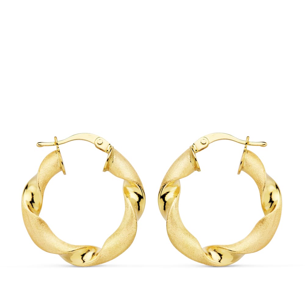 18K Yellow Gold Hollow Matte & Polished Hoop Earrings — 24 × 4 mm