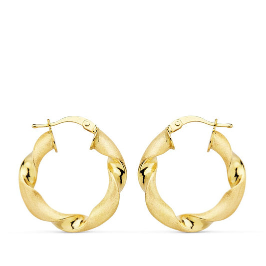 18K Yellow Gold Hollow Matte & Polished Hoop Earrings — 24 × 4 mm