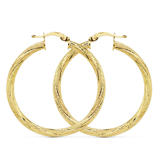 18K Yellow Gold Hollow Beaded Hoop Earrings — 32 × 3 mm