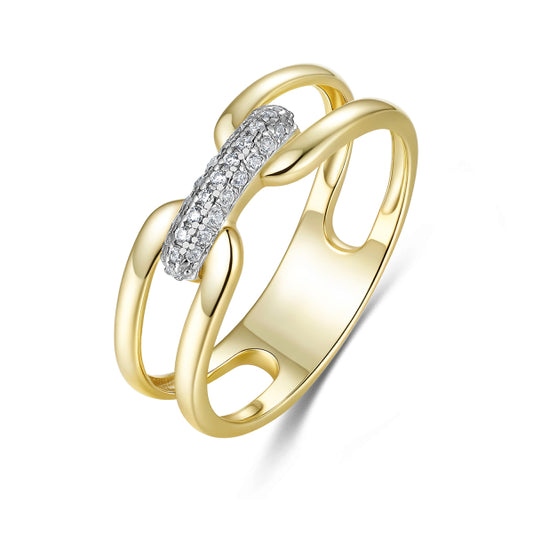 Gold ring with diamond accents on a white background