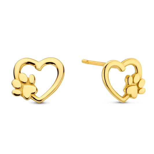 14K Gold Heart & Dog Paw Stud Earrings