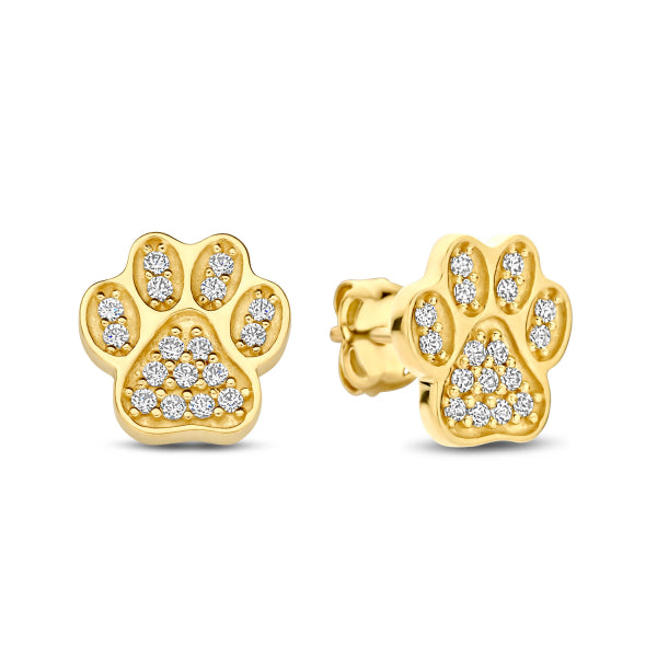 14K Gold Dog Paw Stud Earrings with 34 Zirconia