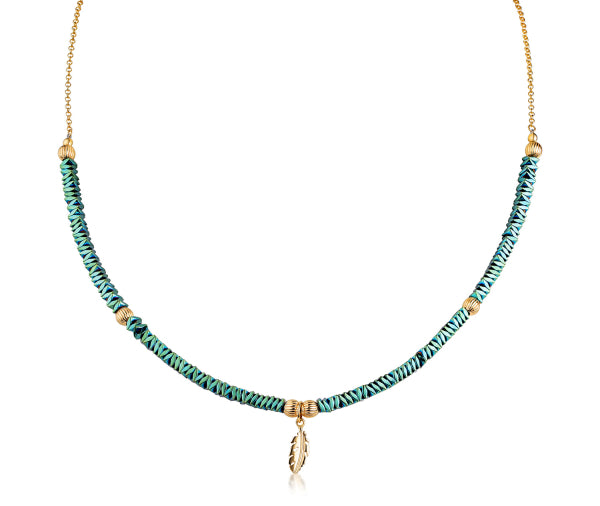 Gold-Plated Silver Hematite Necklace with 6 Beads & Feather