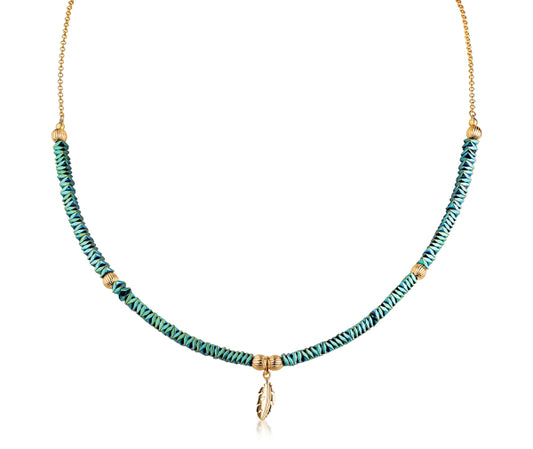 Gold-Plated Silver Hematite Necklace with 6 Beads & Feather