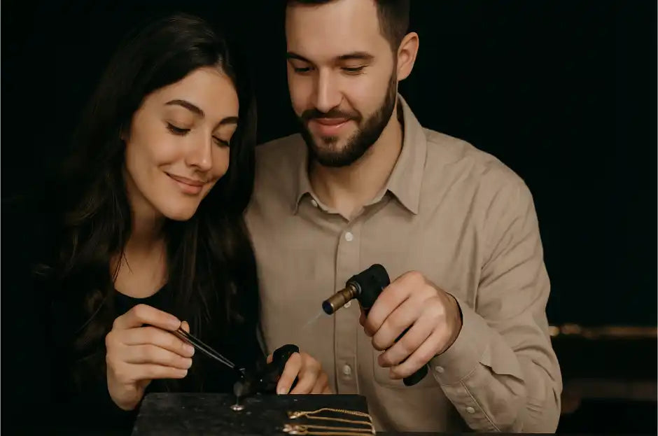 A couple engaged in jewelry making, with the man operating a small torch and the woman using tweezers to handle a piece.