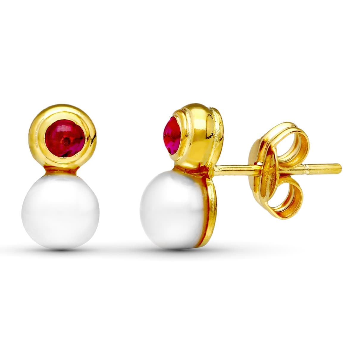 18K Yellow Gold Pearl & Red Stone Earrings — 10 × 5 mm