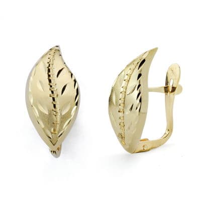 18K Yellow Gold Faceted Leaf Earrings — 18 × 8 mm