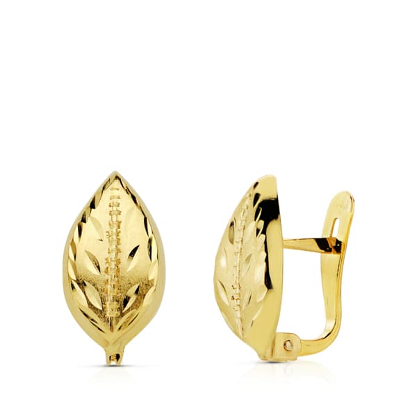 18K Yellow Gold Faceted Leaf Earrings — 12 × 7 mm