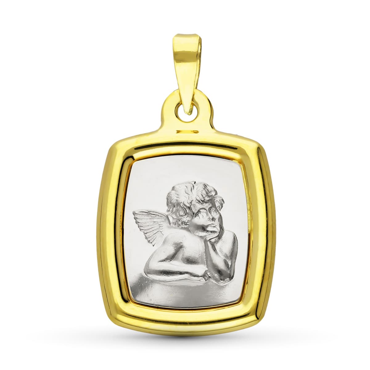 18K Two-Tone Gold Playful Angel Medallion — 23 × 16 mm