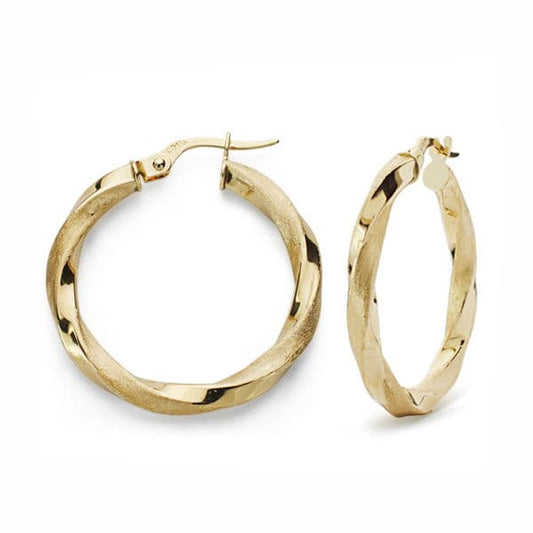 18K Yellow Gold Matte & Polished Hoop Earrings — 25 × 2.5 mm