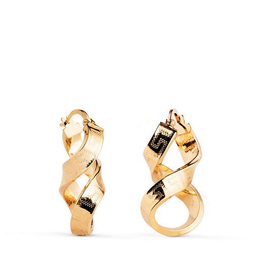 18K Yellow Gold Hollow Patterned Hoop Earrings — 26 × 16 mm