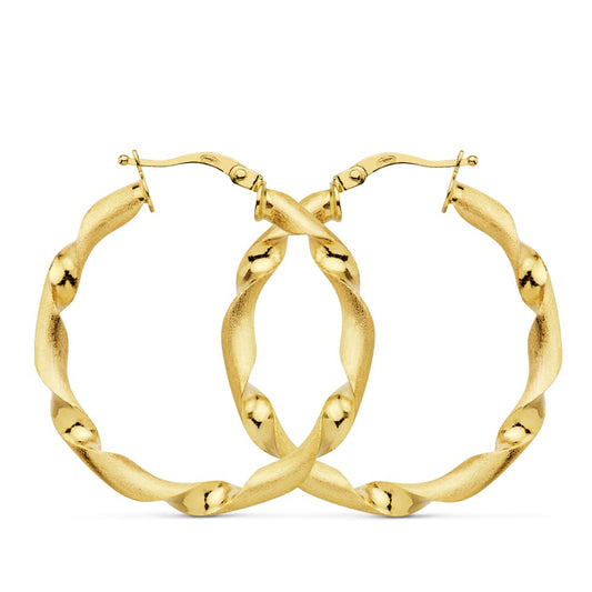 18K Yellow Gold Hollow Matte & Polished Hoop Earrings — 31 mm