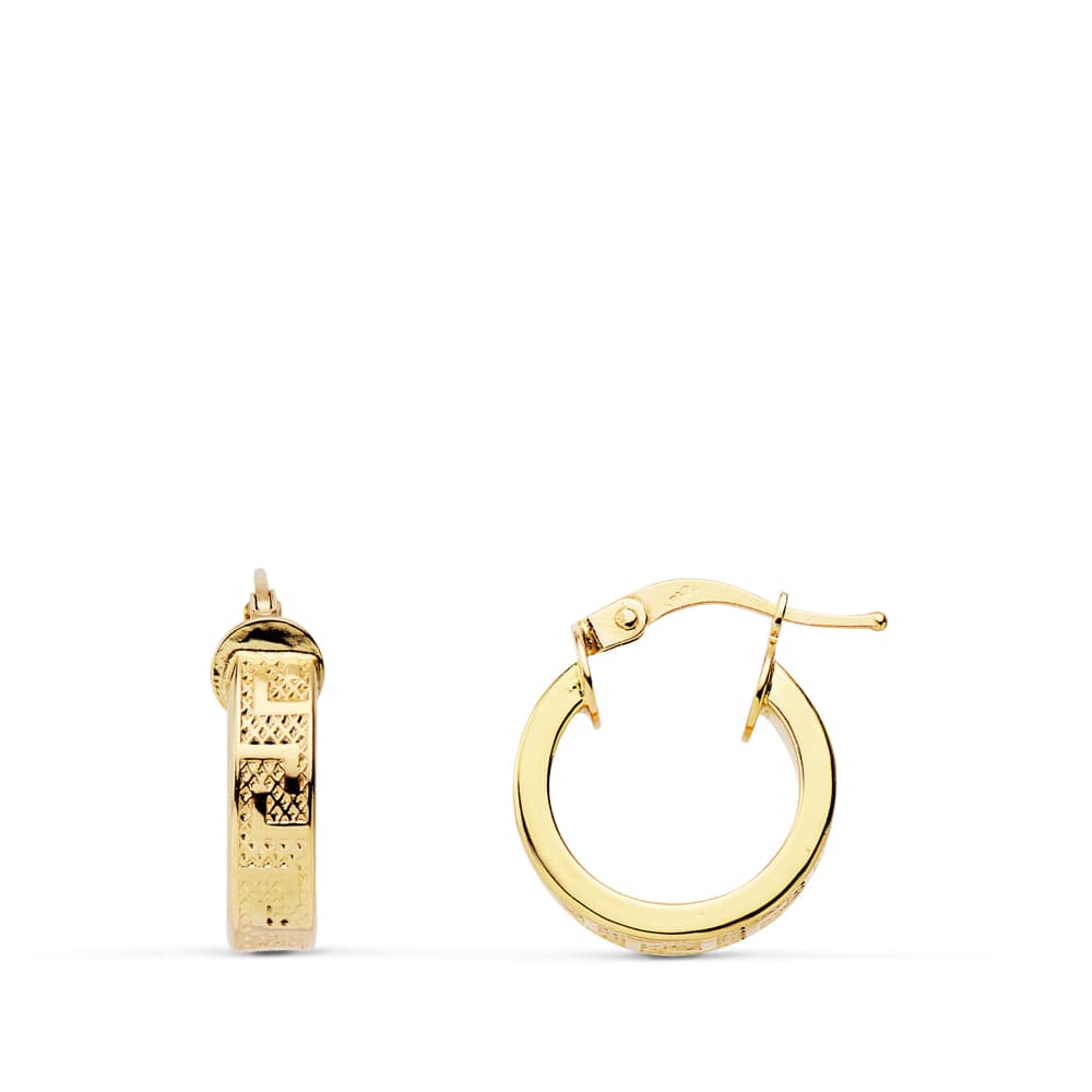18K Yellow Gold Hollow Greek-Key Hoop Earrings — 14 mm, 4 mm Wide
