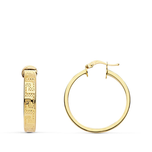 18K Yellow Gold Hollow Greek-Key Hoop Earrings — 20 × 4 mm