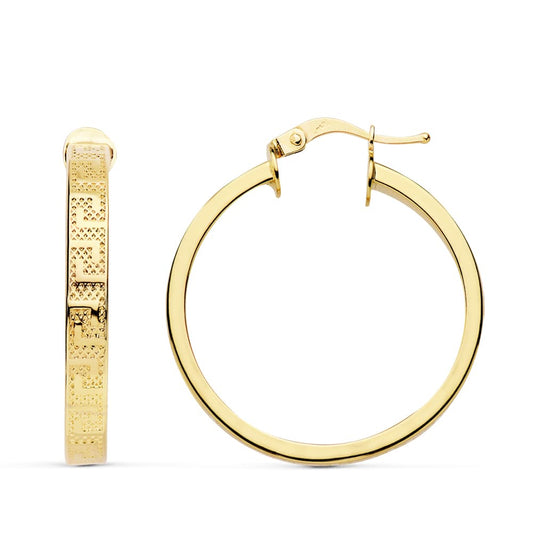 18K Yellow Gold Hollow Greek-Key Hoop Earrings — 28 × 4 mm