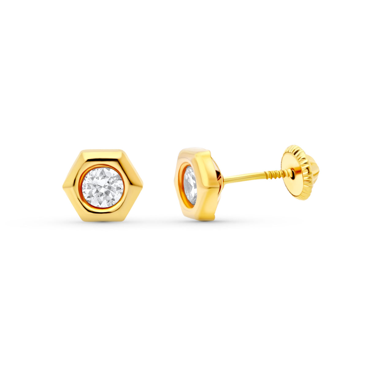 18K Yellow Gold Hexagonal Bezel Earrings — 7 × 6 mm