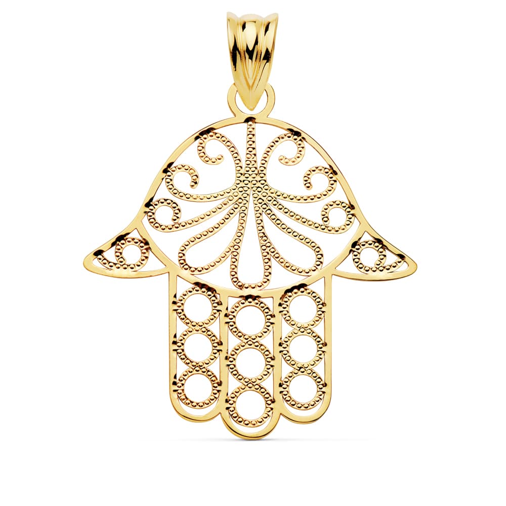 18K Yellow Gold Hamsa Hand Amulet Pendant — 24 × 19 mm