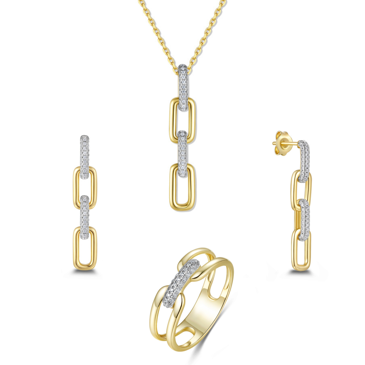 Gold-Plated Silver 4-Piece Link Necklace with Zirconia