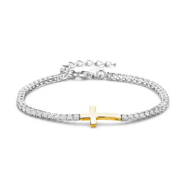 Gold-Plated Silver Tennis Bracelet with Cross