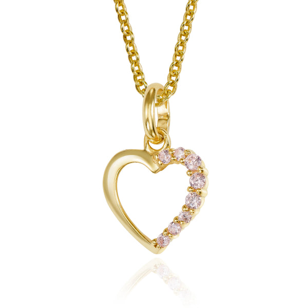 Gold heart-shaped necklace with pink gemstones on a white background