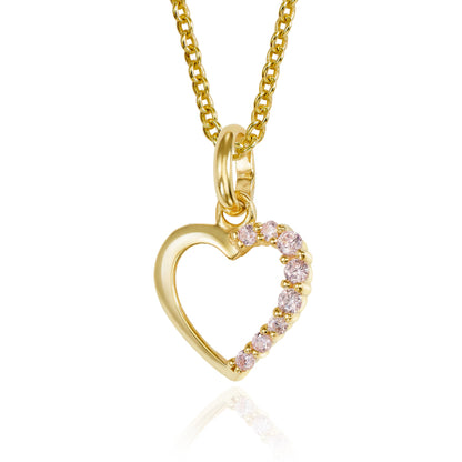 Gold heart-shaped necklace with pink gemstones on a white background