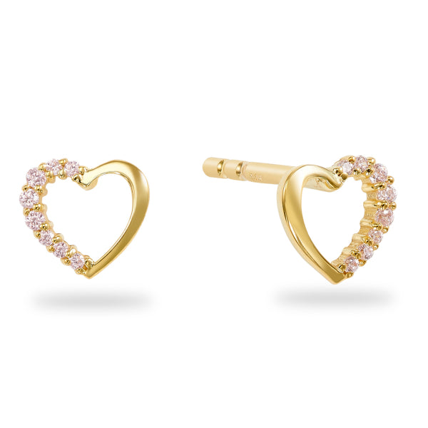 Gold heart-shaped earrings with pink gemstones on a white background