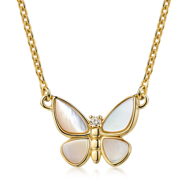 Gold-Plated Silver Butterfly Necklace with MOP & Zirconia