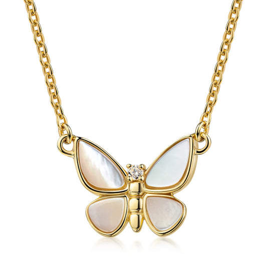 Gold-Plated Silver Butterfly Necklace with MOP & Zirconia