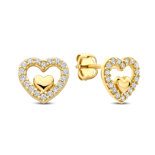 14K Gold Heart Stud Earrings with 36 Zirconia