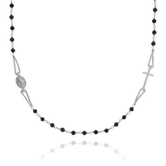 Black Stone Rosary Necklace – Necklace Silver Sterling Silver by Flor de Oro | Customizable Luxury Jewelry
