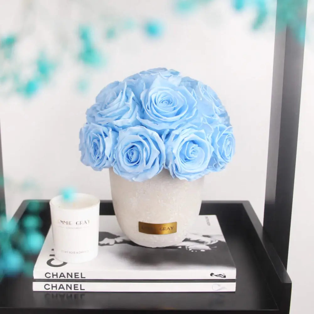 Classic Infinity Round Rosebox XSS – Preserved Roses Up to 3 Years – Rose Box Baby Blue by Flor de Oro | Customizable Luxury Jewelry