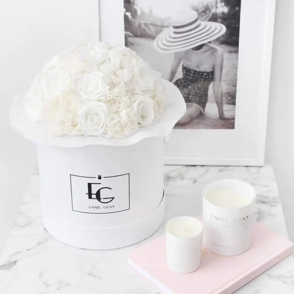 Classic Infinity Round Rosebox XSS – Preserved Roses Up to 3 Years – Rose Box Pure White by Flor de Oro | Customizable Luxury Jewelry
