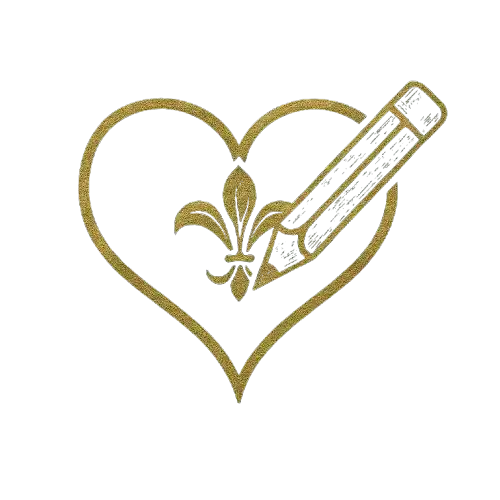 A golden heart outline with a fleur-de-lis and a green pencil inside.