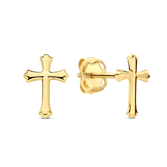 14K gold cross stud earrings in high polish
