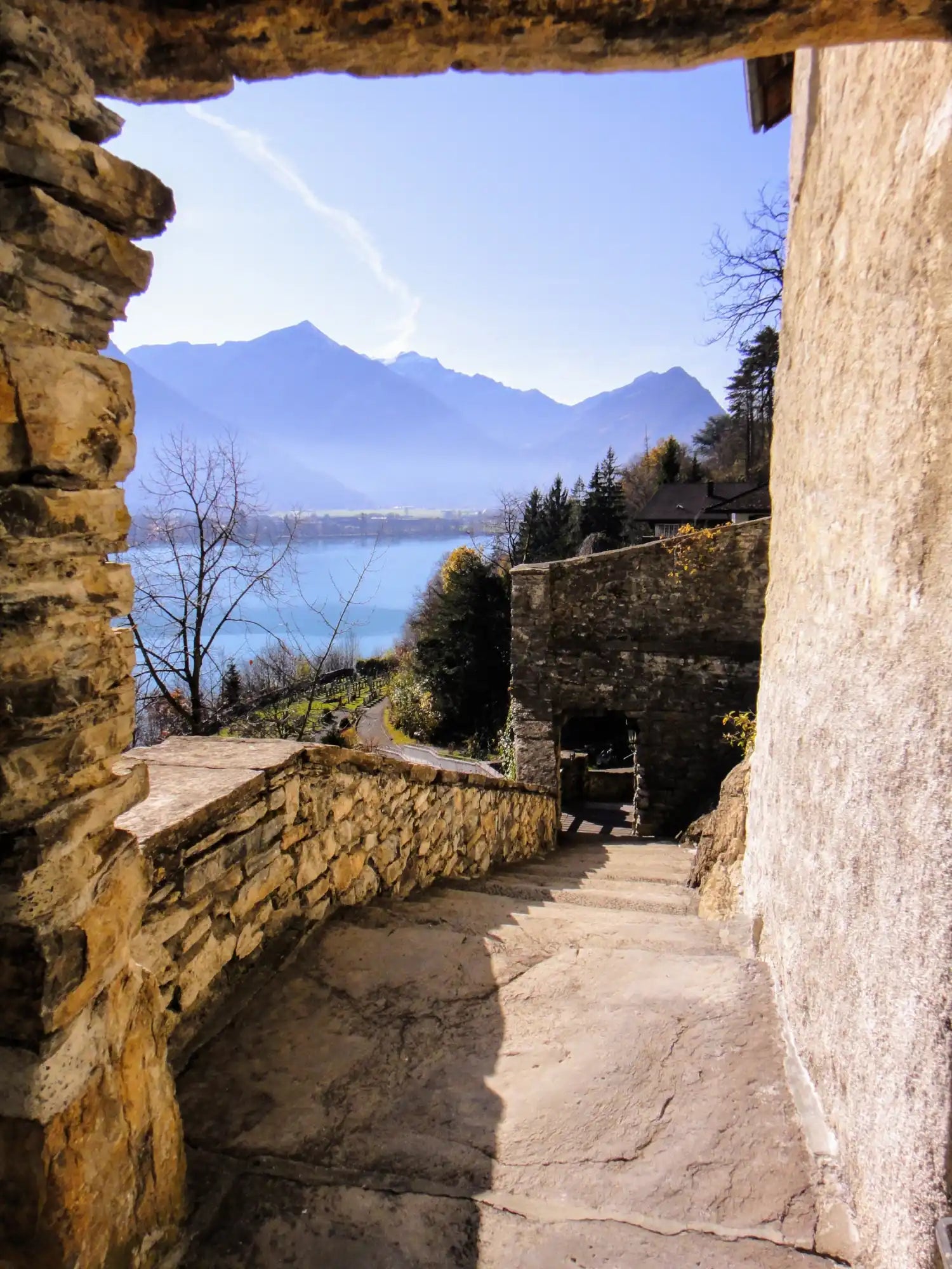 A stone pathway with steps and a low wall, leading downwards.